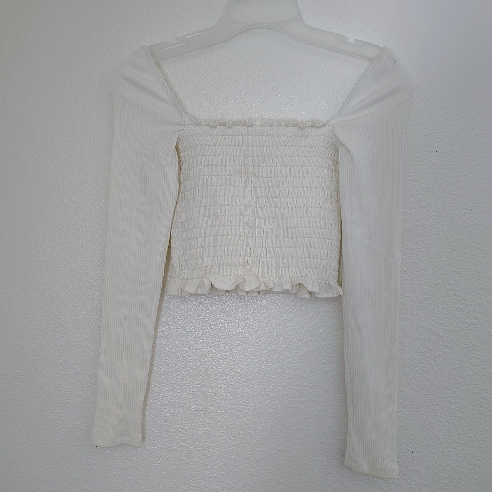 Reformation Creamy Smocked Crop Top Square Neck Sz S Stretch Long Sleeves - Picture 6 of 8